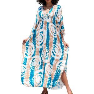 Women's Blue Tie Dye V-neck Batwing Sleeve Flowy Split Hem Bohemian Kaftan Dress